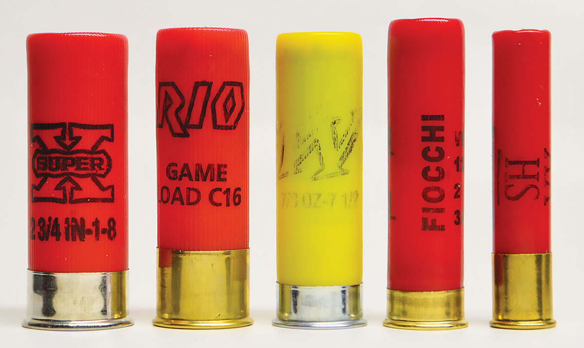 Shotshells (left to right): 12, 16, 20, 28 and .410. Although the .410 is often incorrectly described as a “32 gauge,” in gauge terms, it’s about a 64. Obviously, the 28 is a serious shotshell, closer to the 20 than the .410.